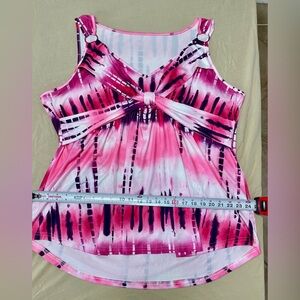 Pink Tie-Dye Sleeveless Knit Tank Top with Bow and Ring Accents, Plus Size 4XL